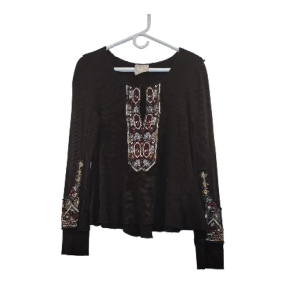 Free People Marion Black and Burgundy Embroidered Thermal Long Sleeve Top Large - Picture 1 of 7